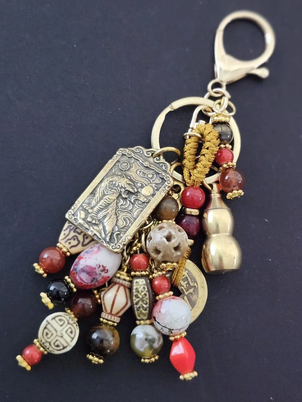 Asian Chinese-inspired Purse Charm or Keychain Carnelian Tigers Eye Handcrafted